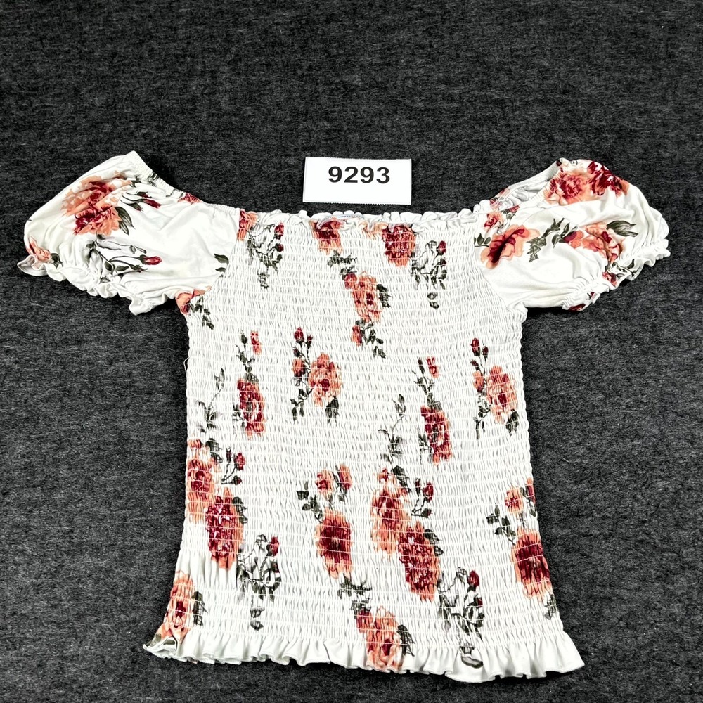 Orange Kiss Cropped Top Womens‎ L White Floral Stretch Smocked Off The Shoulder